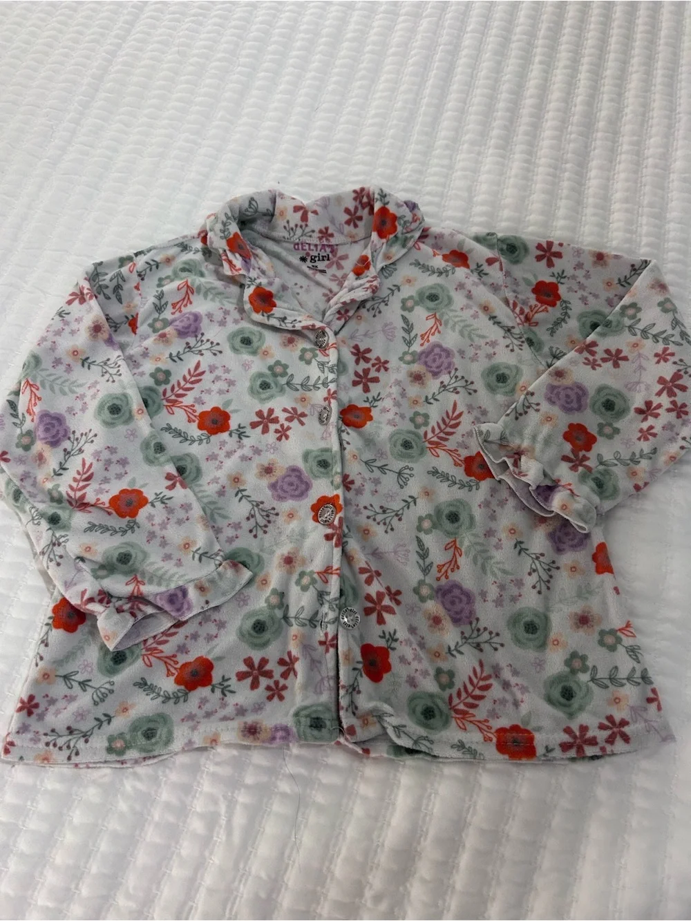 Delia’s Gir Floral Button-Front Pajama Set - Light Gray with Red & Green Flowers